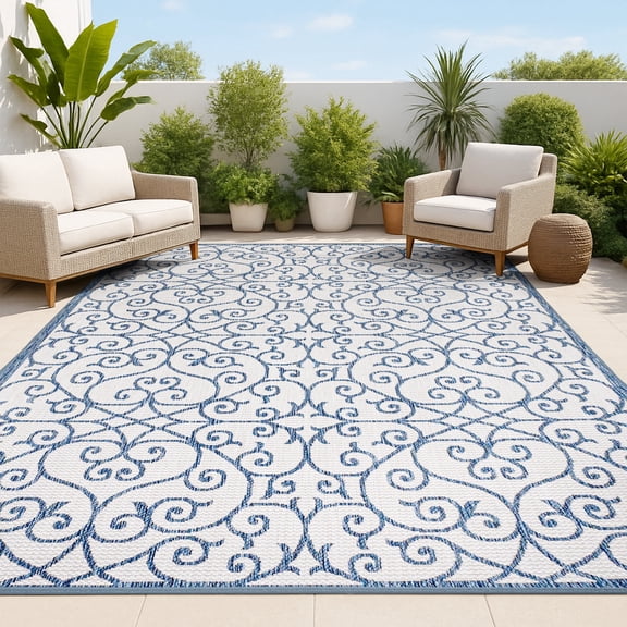 JONATHAN Y SANTA MONICA 3 x 5 Area Rug, Madrid Vintage Filigree Textured Weave - Blue/Cream, SMB107F-3