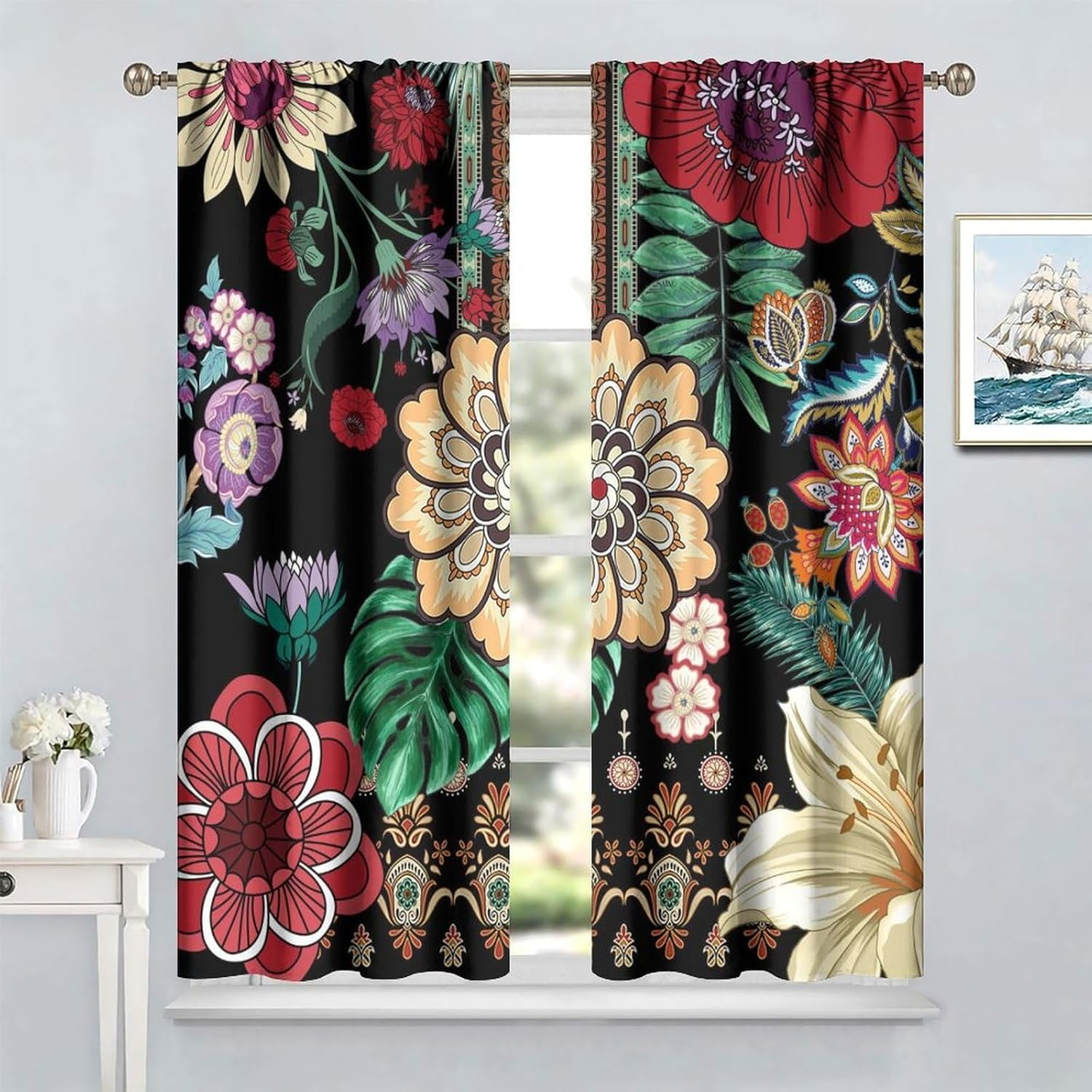 Boho Floral Blackout Curtains, Paisley Mandala Colorful Flowers Bohemian Decor for Bedroom Living Room Window Drapes 2 Panel Set,55x63 Inch