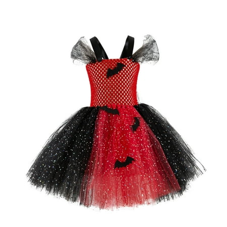 

jsaierl Toddler Kids Girls Halloween Bat Dresses Cute Color Block Sequin Dress Camisole Hollow Out Mesh Tulle A Line Evening Princess Dresses 2-12Y