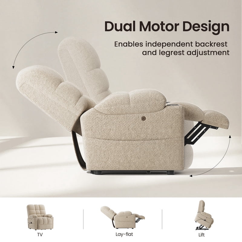 COLAMY Serene Dual Motors Power Lift Recliner Chair with Massage and Heat for Elderly People, Independent Adjustable Backrest Headrest, Extended Footrest，USB Charging Ports and Cup Holders, Beige