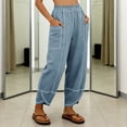 thumbnail image 5 of Linen Wide Leg Pants for Women Elastic Waist Contrast Stitching Pants with Pockets Casual Loose Trousers Beach Vacation Outfit, 5 of 8