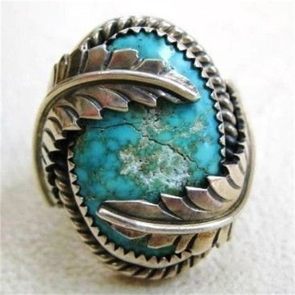 Womens Retro Geometric Alloy Ring Inlaid with Green Turquoise Electroplated Finish Fashion Jewelry