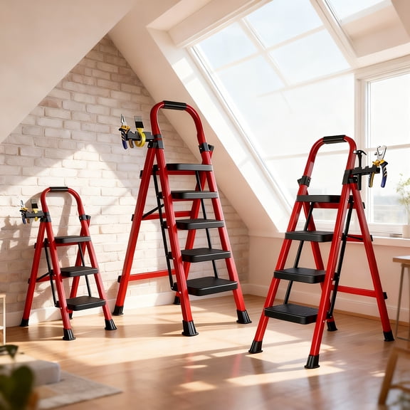 680 Lbs Heavy-Duty 3/4/5-Step Folding Ladder Suitable for Home, Kitchen, Workshop - Steel Step Stool with Anti-Slip Pedals, Safety Lock & Handrails, Portable Multi-Functional Ladder for,,, Use