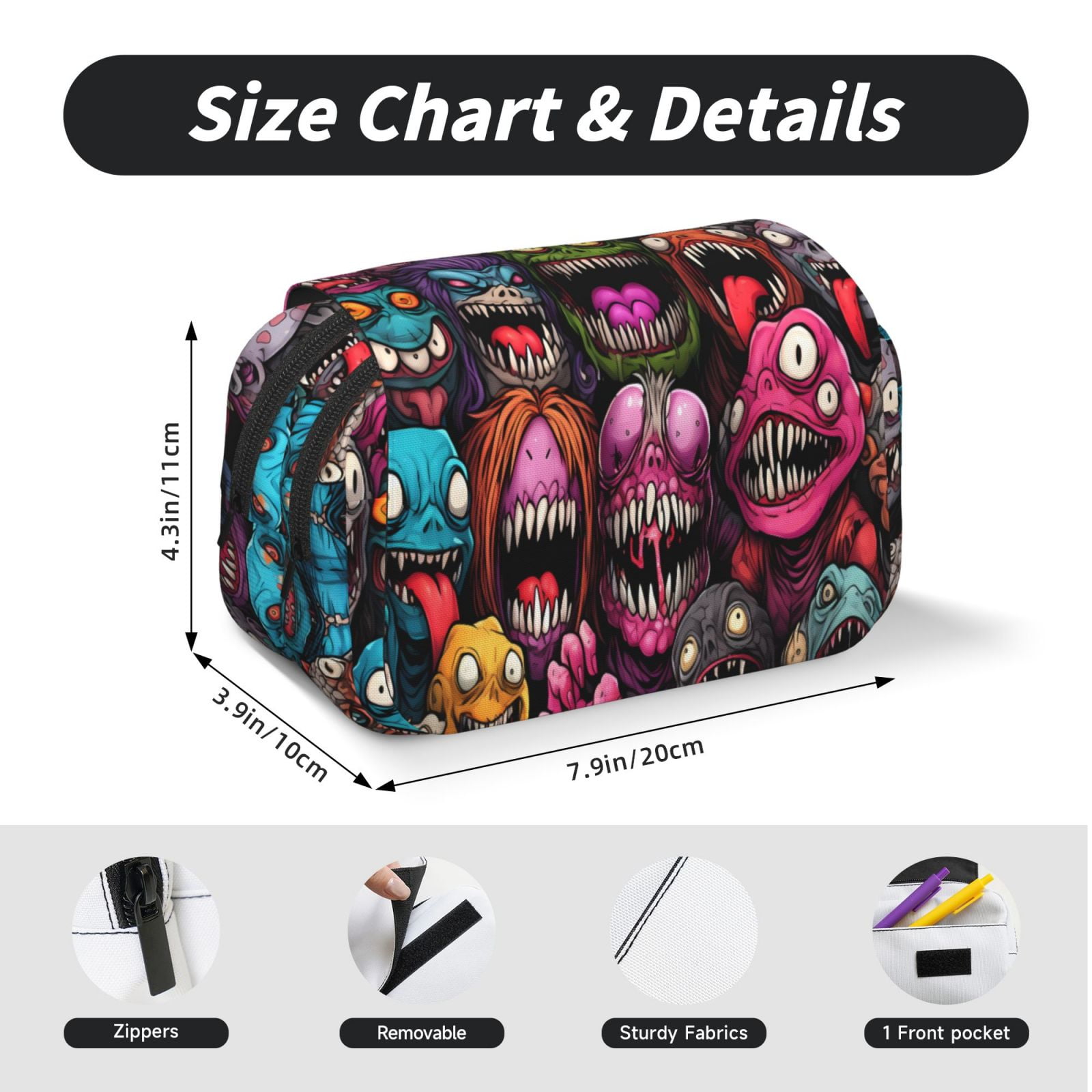 Rateoe Monstrous Cartoon Characters Pattern Double Clamshell Pen Case, Storage Organizer with Two Zipper Compartments– Holds Up to 50 Pencils & Pens