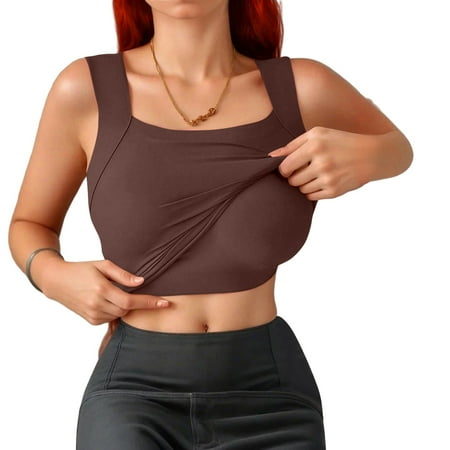 Sports Bra Tank Tops for Women U Neck Double-Lined Compression Tank Breathable Workout Shapewear Stretchy Thermal Body Shaper Brown XL