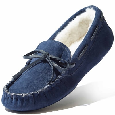 DailyShoes Women's Casual Moccasins Vegan Fur Lined Interior Flat Comfortable Round Classic Loafer Sandal Indoor Outdoor Shoes, Navy SV, 5.5 B(M) US