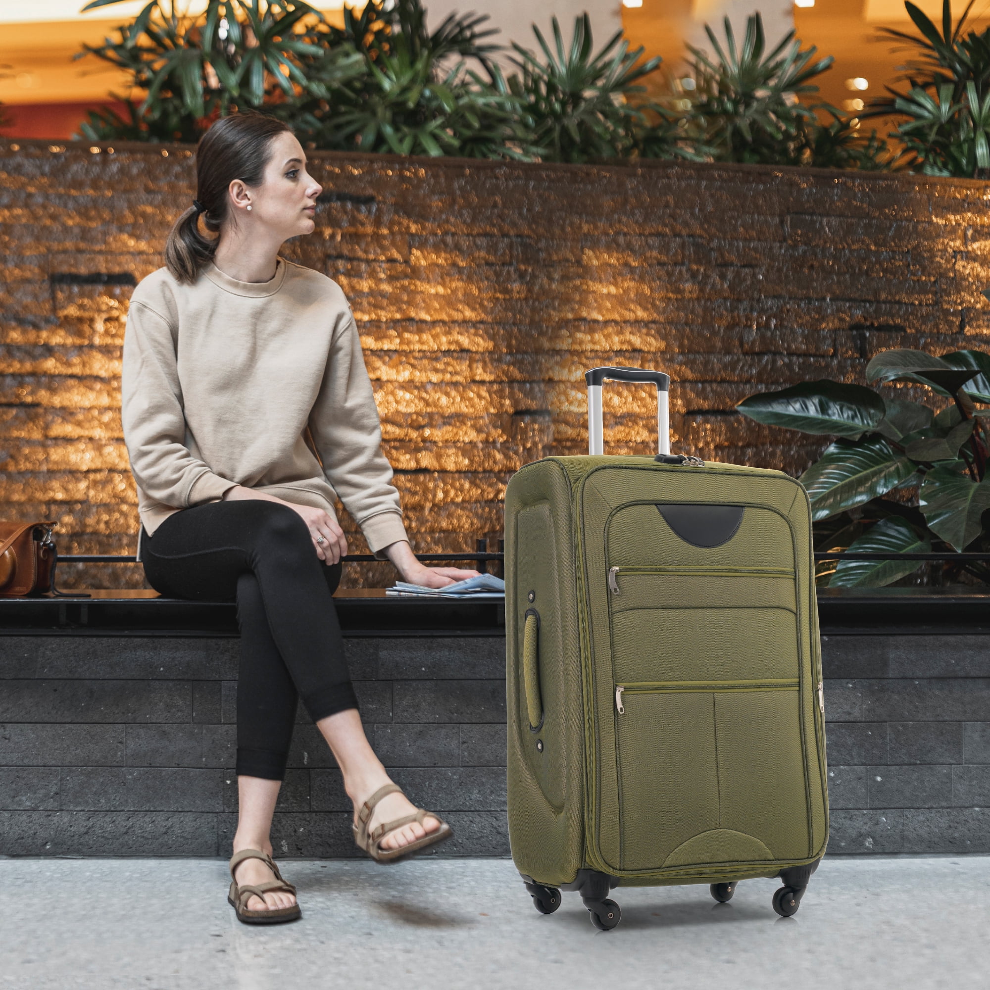 EUROCO 3 Piece Softside Luggage Set,Expandable Suitcase Set with TSA Lock and Spinner Wheels,Lightweight Suitcase for Men Women(20",24",28"),Army Green