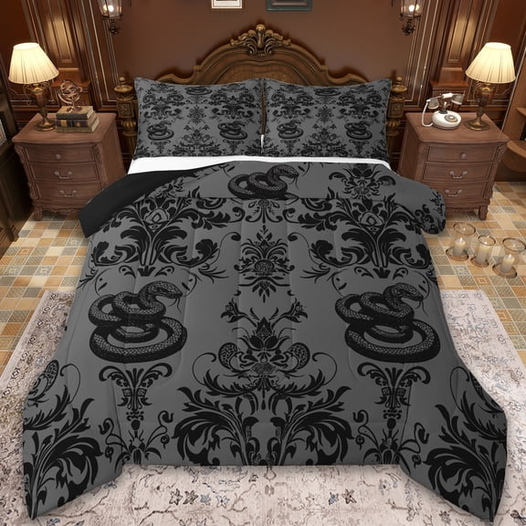 Manfei Baroque Gothic Theme Bedding Comforter Set,Black Damask Print Twin Comforter Sets,Wild Animal Snake Bedding Set For Adults,Ultra Soft Bedroom Decoration Reversible,2-Piece