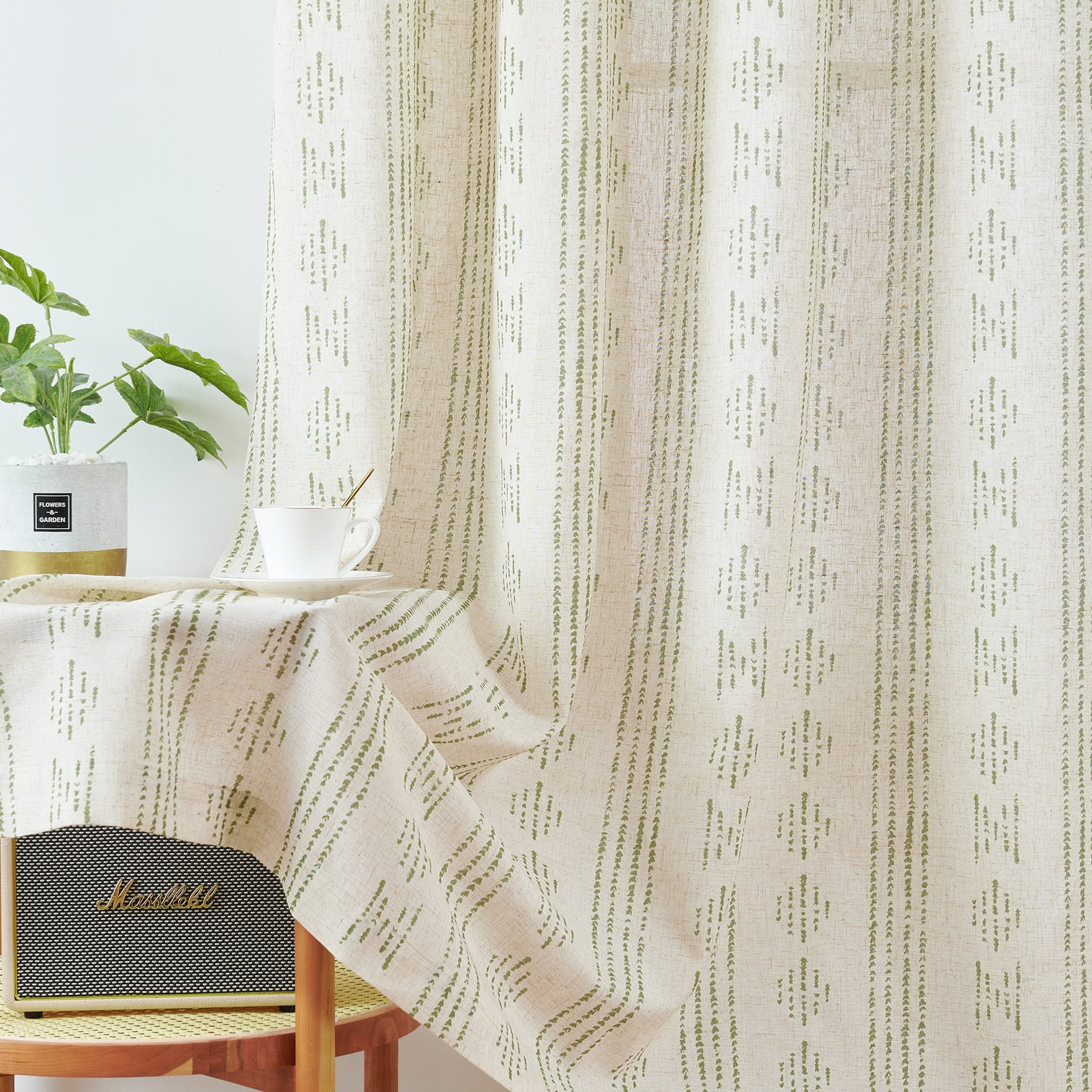 Curtainking Geometric Striped Curtains Linen Blend Boho Farmhouse Grommet Curtains for Living Room 63in Set of 2 Sage Green on Beige
