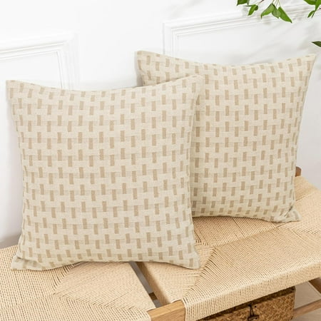 

Decorative Farmhouse Throw Pillow Cover 16x16 inch Set of 2 Khaki and Beige Stripe Textured Linen Pillow Case for Sofa Couch Chair Bedroom Boho Accent Square Cushion Cover Fall Decor