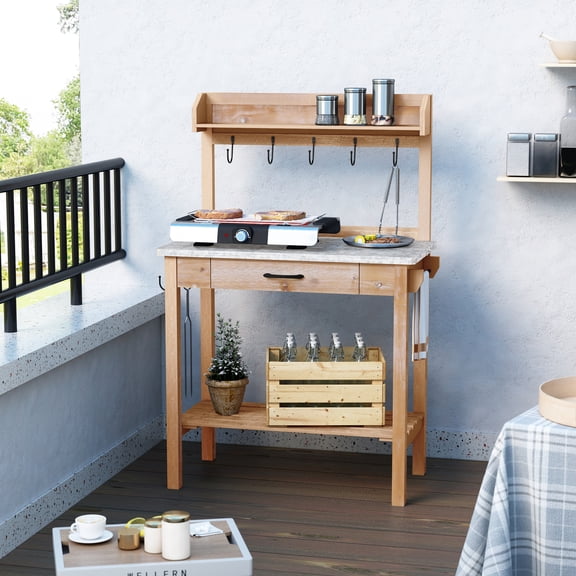 HLR Outdoor Potting Bench Table with Metal Tabletop, Potting Bench Table Large Garden Outdoor Work Bench, Metal Tabletop Workstation with Storage Cabinet Shelf