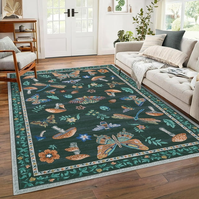 Hasoo Washable Bedroom Insect Floral Area Rug 8' x 10' Rug for Living Room Polyester Black Stain-Resistant Indoor Carpet