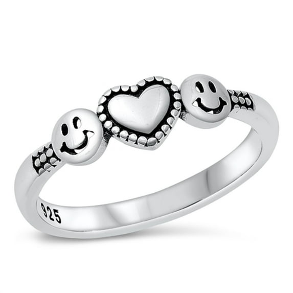 Sterling Silver Two Happy Faces With Heart Ring Size 7