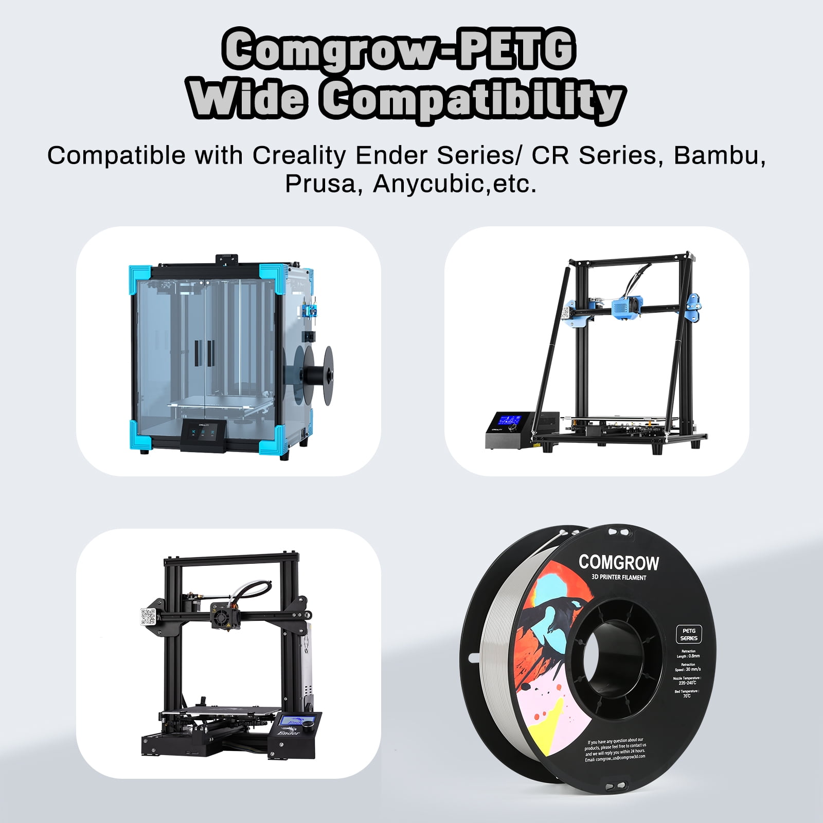 Comgrow PETG 3D Printer Filament-3D Printer Material 1.75mm Dimensional Accuracy +/- 0.02 mm, 1KG/2.2LB-Grey