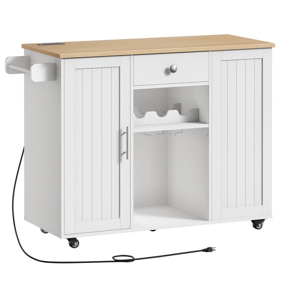 HOOBRO Rolling Kitchen Island with Power Outlet, Wine Rack, Tilt-Out Trash Cabinet & Adjustable Shelf, White and Natural