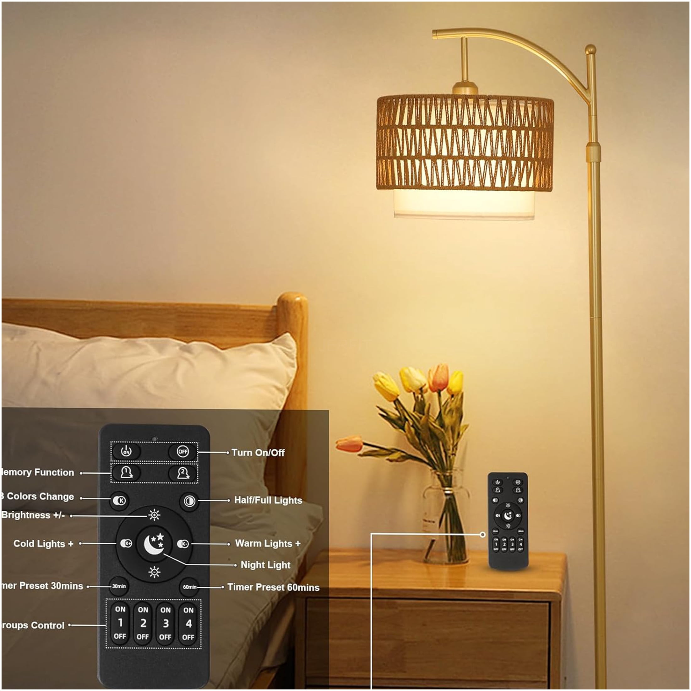 JERFIT Modern Arc Floor Lamp with Remote, Dimmable LED Bulb, Rattan & Fabric Shade for Living Room Bedroom
