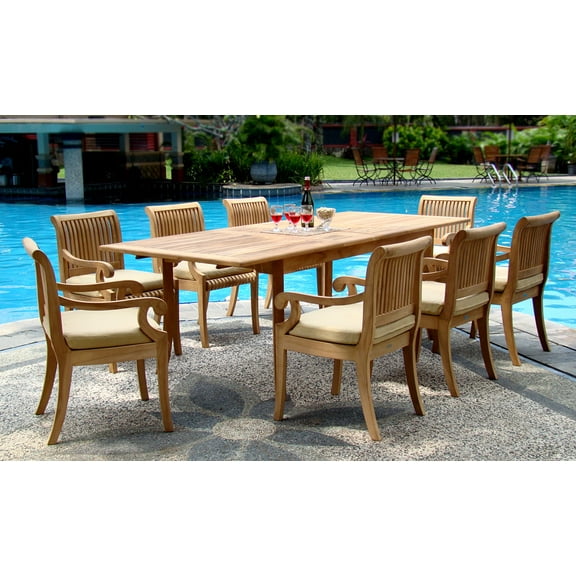Teak Dining Set:8 Seater 9 Pc - 117" Double Extension Rectangle Table 8 Giva Arm / Captain Chairs Outdoor Patio Grade-A Teak Wood WholesaleTeak #WMDSGVe