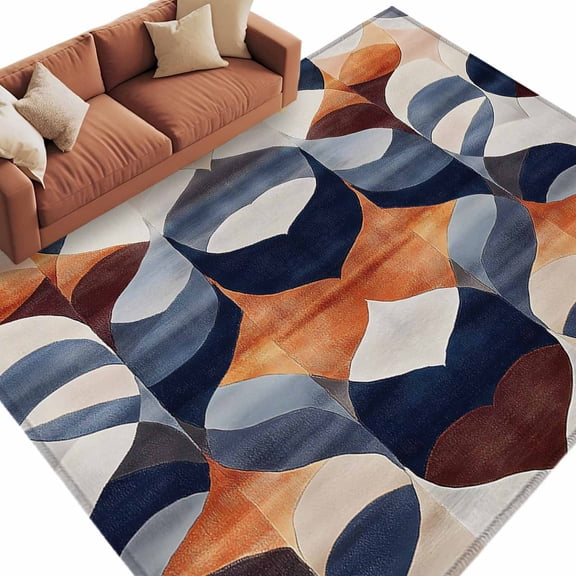 Navy Blue Burnt Orange Large Area Rugs for Bedroom Living Room, Soft Non Slip Carpet Bedside Rug, Retro Geometric Abstract Rectangular Floor Cover Kitchen Accent Rug 6'x9' for Dining Room/Office