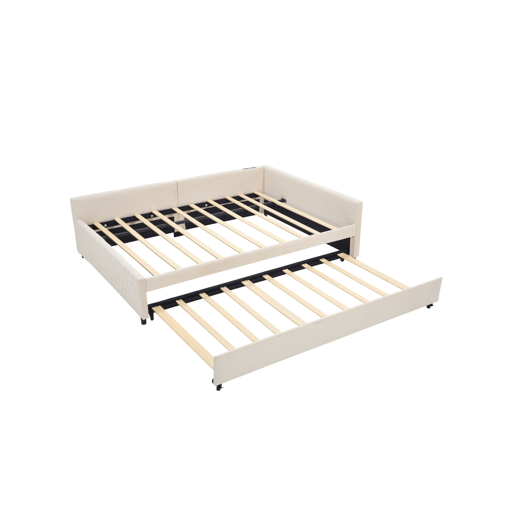 Leumius Upholstered Daybed with Trundle,Sturdy Wooden Bed Frame, Modern Diamond Grid Design for Bedroom Guest Room (Beige)