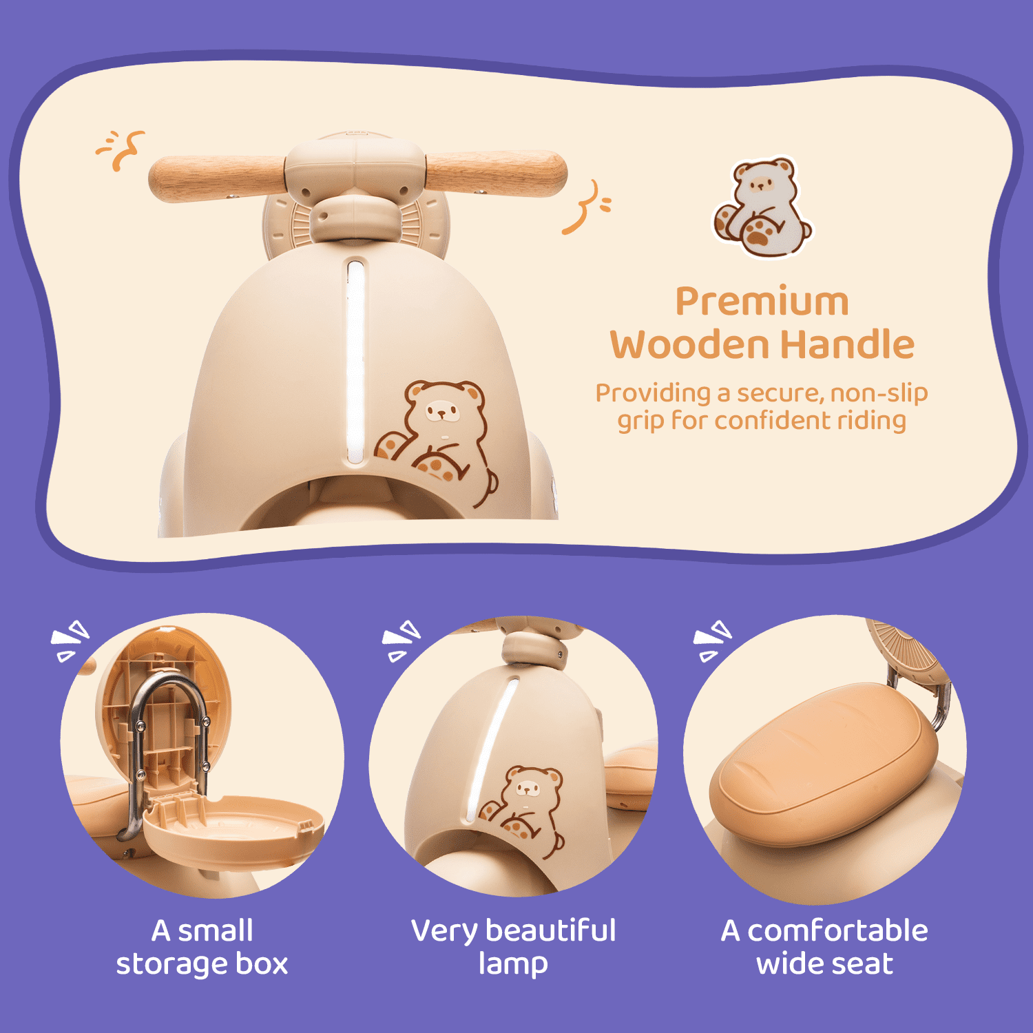 Track Seven 12V Ride on Motorcycle, 3-Wheel Toddler Electrc Scooter with Remote Control, Bluetooth, Wide Seat, Wooden Handle, Slow Start, Electric Motorycle for Boys Girls Aged 1-3 Years, Beige