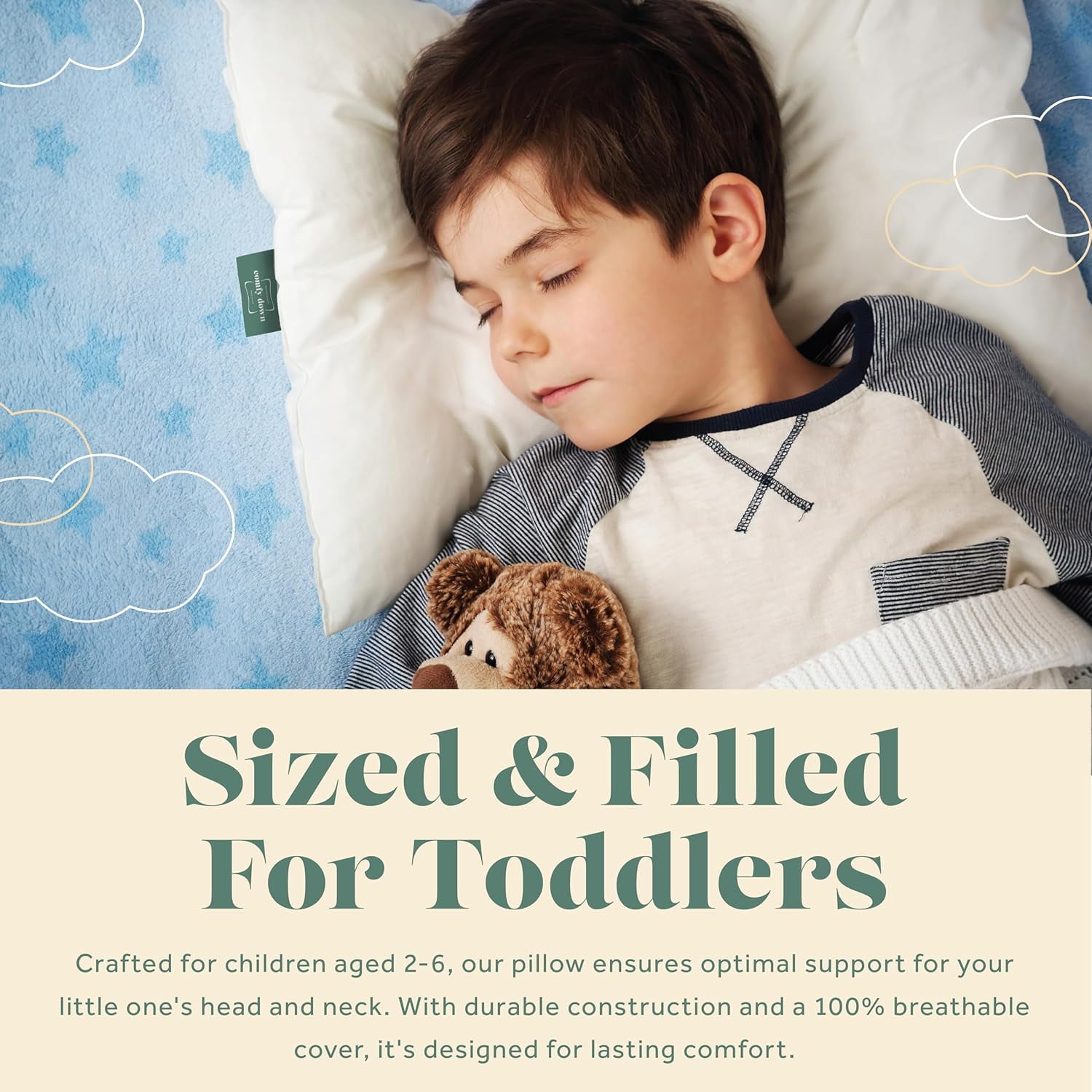 Toddler Pillow - 13x18 Soft Baby Pillow, 800 Fill Power Goose Down Fill, 300 Thread Count 100% Cotton Cover - Made in USA