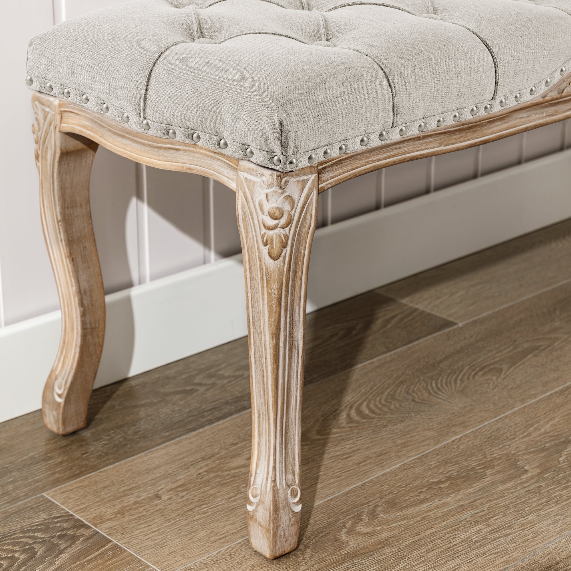 Dycanpo 45.2'' Bedroom Bench Seat Light Gray Linen, French Upholstered Ottoman Bench