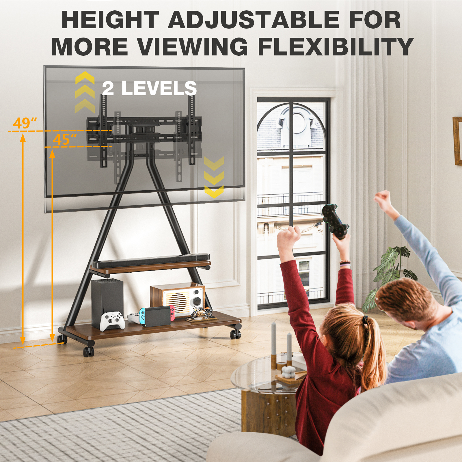 RTVR Rolling TV Stand for 43-80" Screens, Portable Mobile TV Stand on Wheels with Enhanced Triangular Design Storage Shelves up to 150 lbs, Brown