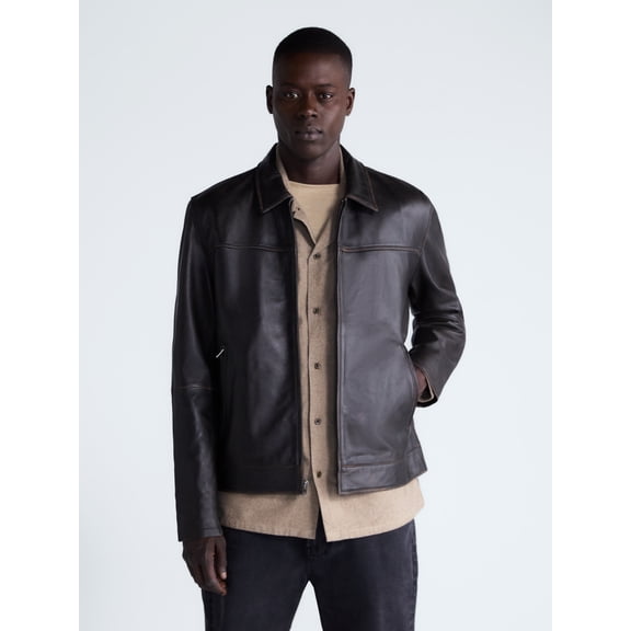 Free Assembly Men's Leather Jacket with Zip Pockets, Sizes XS-2XL