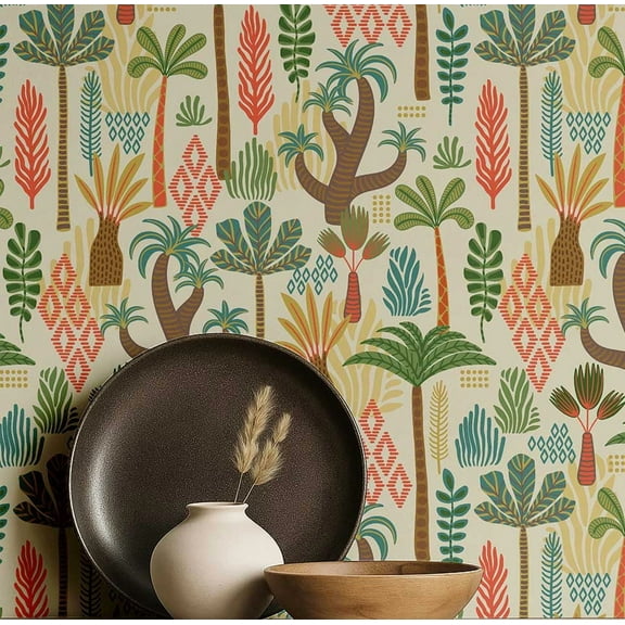 S4Sassy Peel & Stick Vinyl Wallpaper, Chic Retro Palm Tree Wallpaper Contact Paper Waterproof- Beige, 25"x120", Removable Wall Covering for Home Decor in Bedrooms, Cabinet