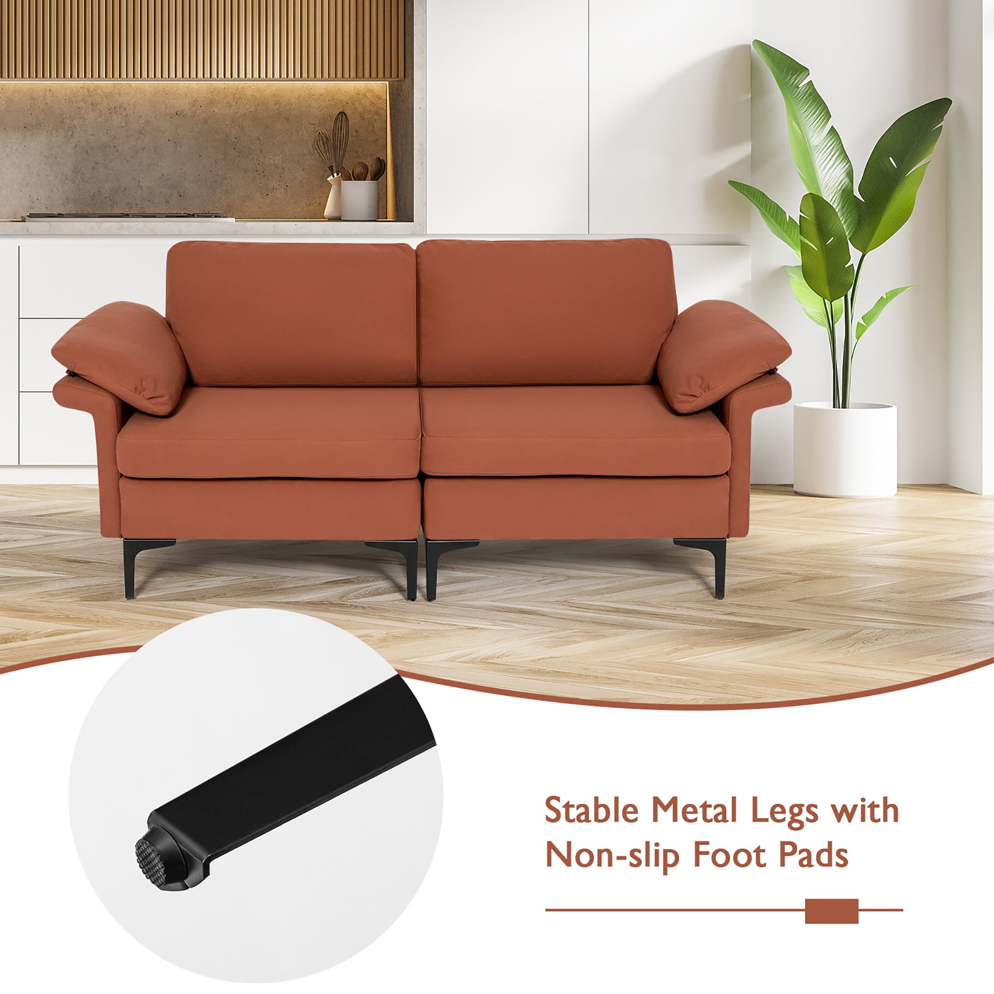 Costway Modern Loveseat Fabric 2-Seat Sofa Couch for Small Space w/ Metal Legs Rust Red