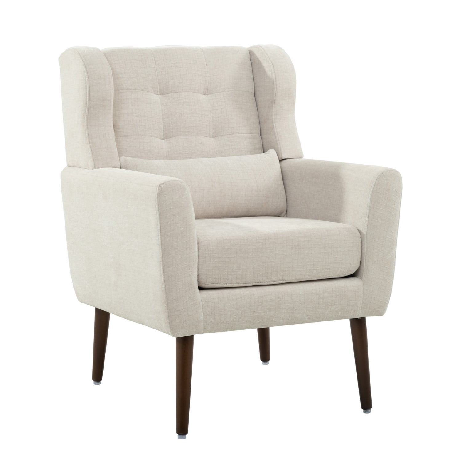 Modern Chenille Accent Chair with Pillow, Upholstered Armchair with Solid Wood Legs, Ergonomic Lounge Chair for Living Room, Bedroom, Reading Room, Small Space, Beige