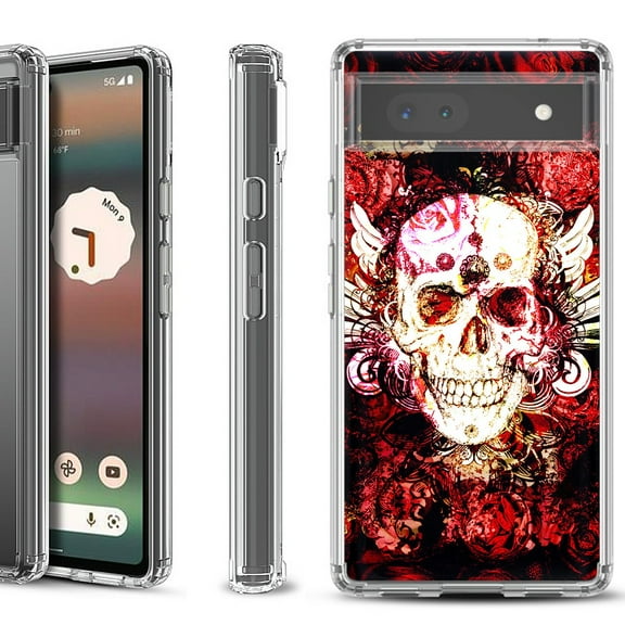 Shockproof Bumper Phone Case for Google Pixel 6a, by OneToughShield ® - Rose Skull
