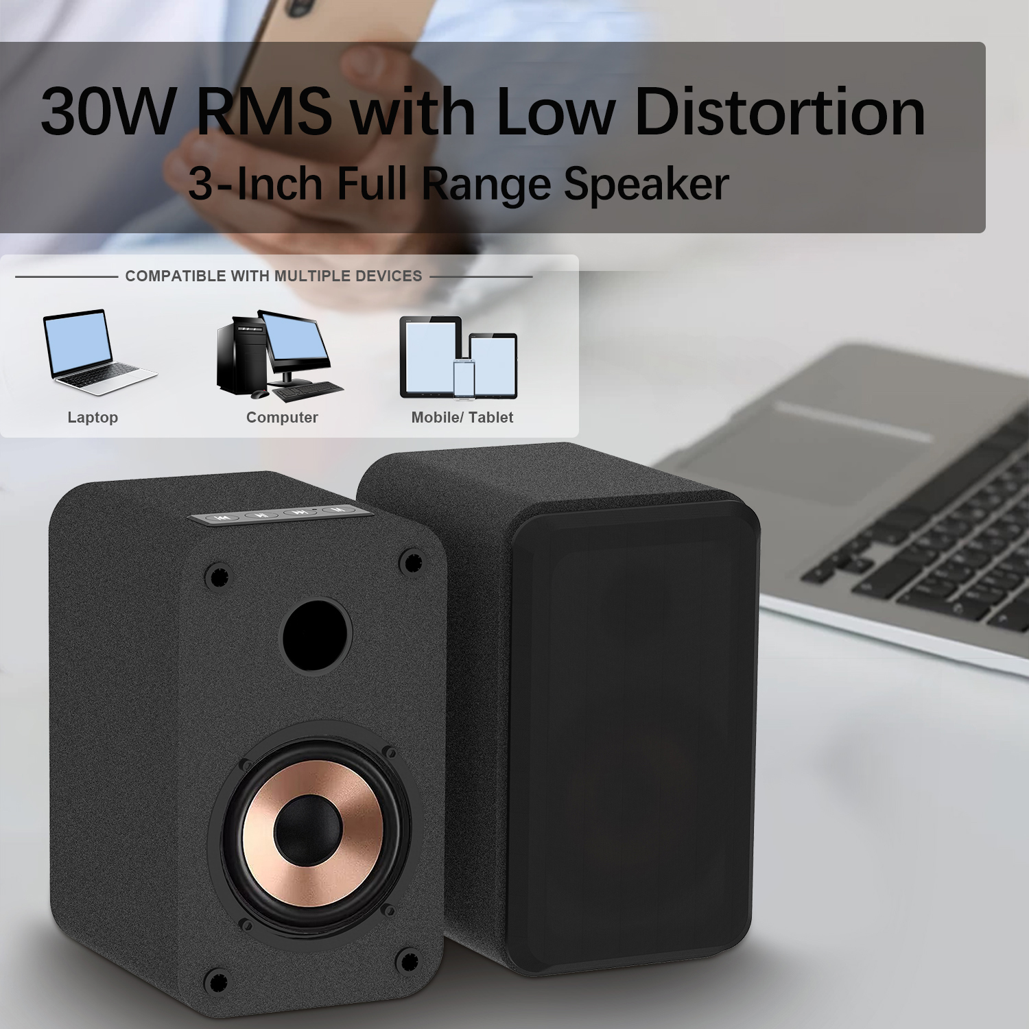 LONPOO Plug-N-Play Computer Speaker for Desktop and PC, 30W RMS Active Bookshelf Speaker with 3-inch Full Range Speaker,Support Bluetooth 5.3, USB Playback,Aux-in and 3.5mm Earphone Port