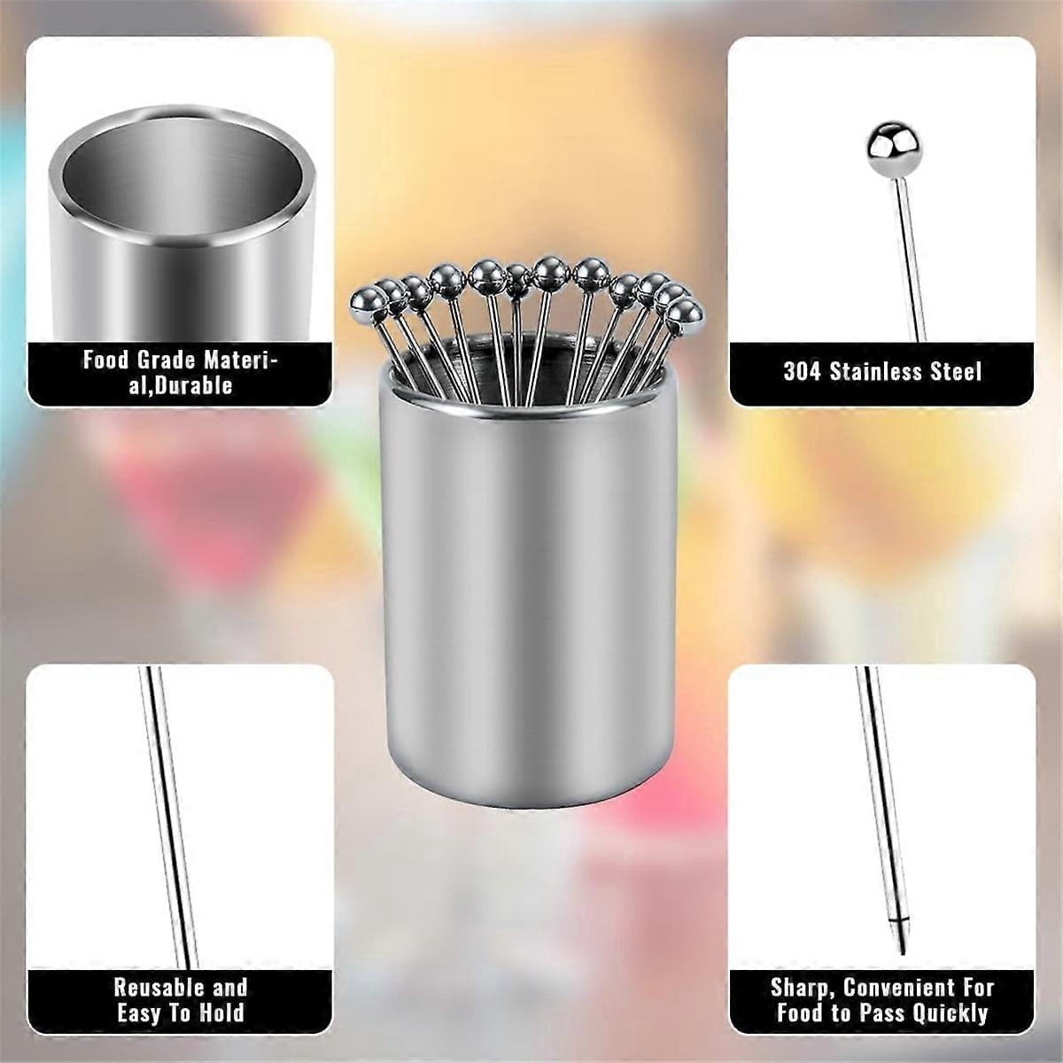 20PCS Metal Cocktail Picks with Holder Kit, Stainless Steel Cocktail Picks, Reusable Cocktail Skewer