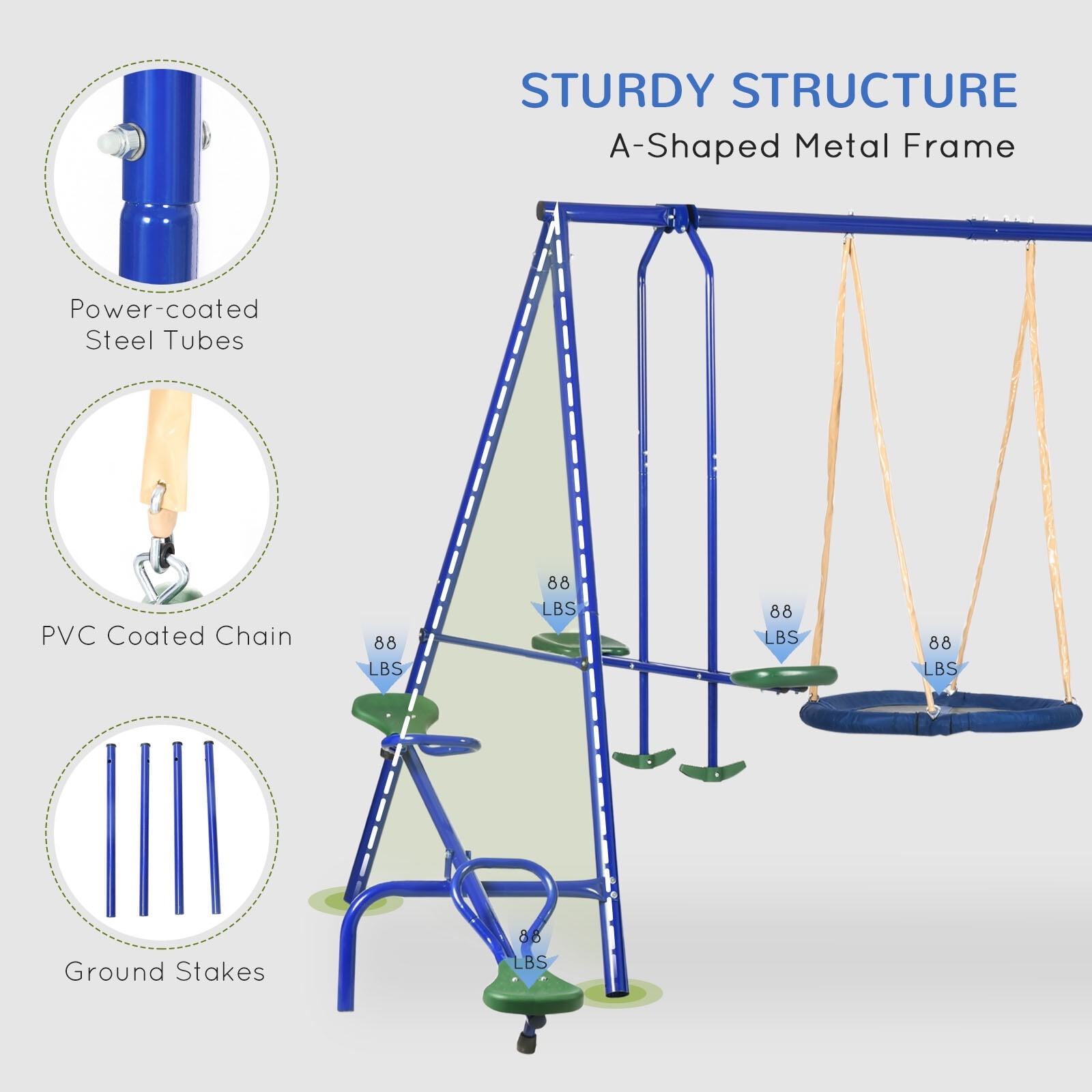 5-in-1 Heavy Duty Swing Set for Backyard, 616LB Capacity Outdoor Playset with Slide, Seesaw, Saucer Swing & Glider, Blue Steel A-Frame Kids Playset