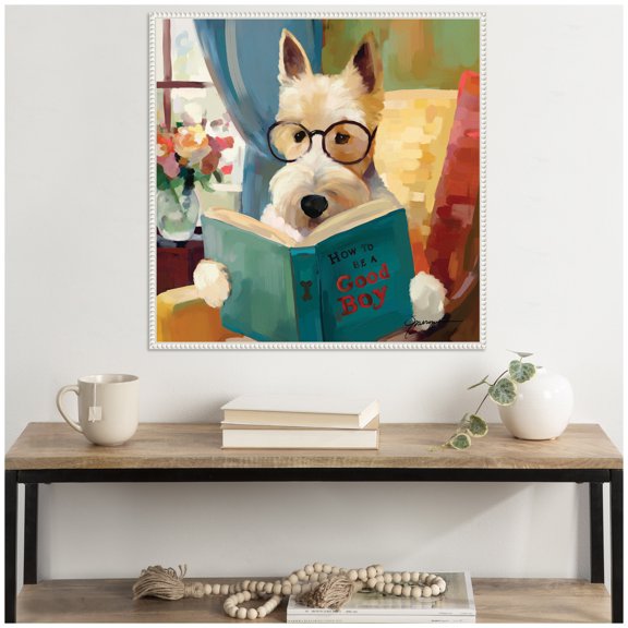 Kate and Laurel Sylvie How to be a Good Boy Framed Canvas Wall Art by Mary Sparrow 30 x 30 Beaded White, Whimsical, Animals, Humor Art for Wall Decor, Living Room, Bedroom, Office, Kitchen