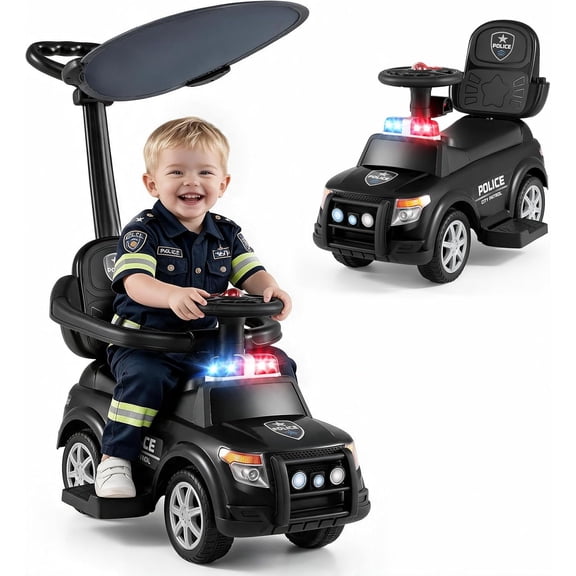 OLAKIDS 4 in 1 Push Car for Toddlers, Kids Ride on Toys Outdoor with Handle, Adjustable Canopy, Headlights, Siren, Music, Horn, Storage for Boys Girls 1-3, Blue