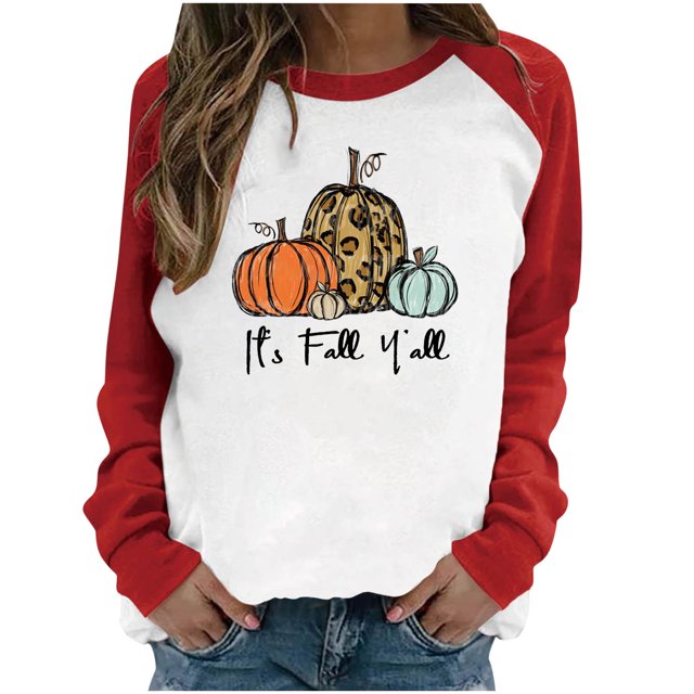 Penkiiy Chandail en Molleton pour Femmes C'est l'Automne Col Rond Imprimé Chandail Manches Longues Blouse Rouge Y2K Vêtements