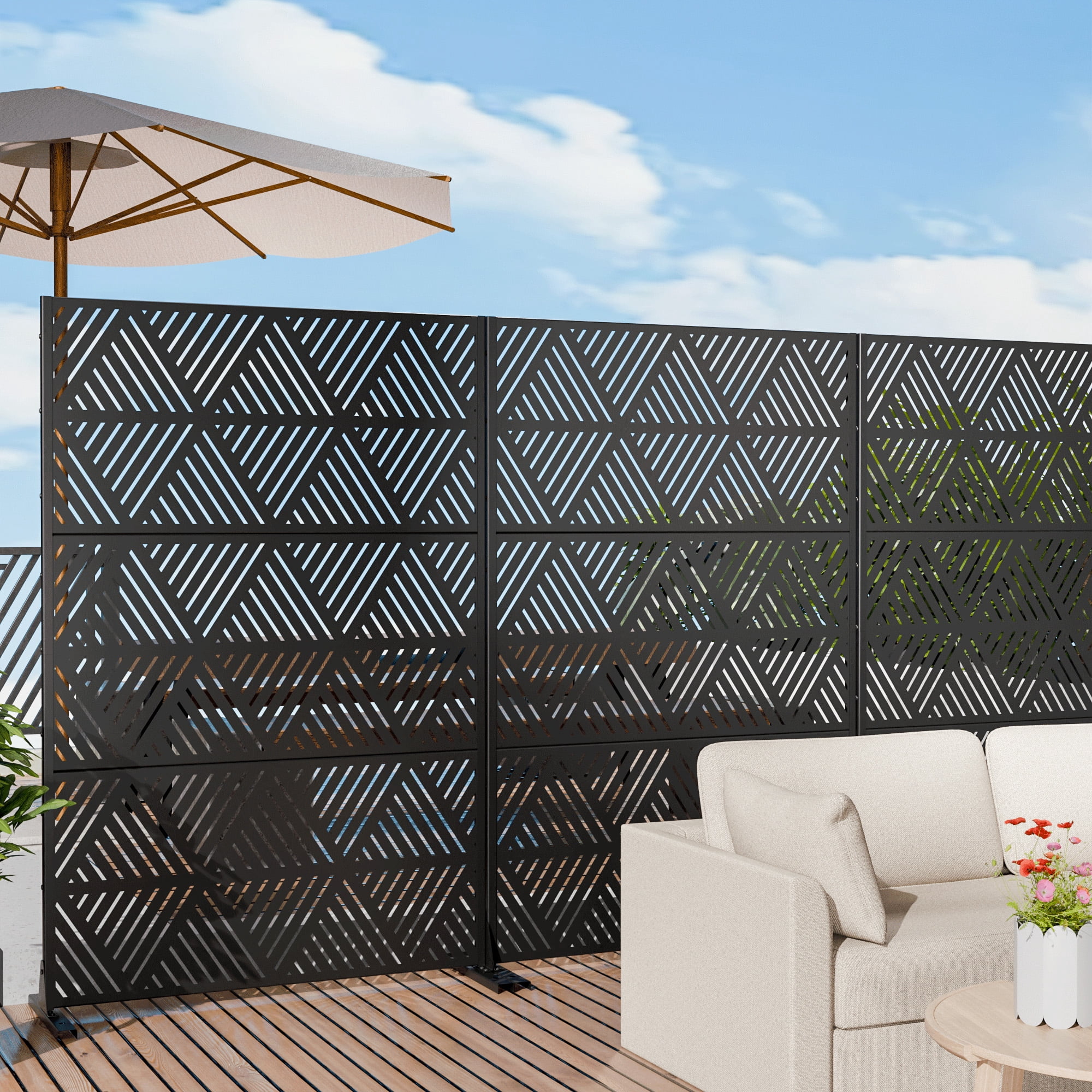 MAYEERTY 72×47" Outdoor Black Metal Privacy Panel Screen for Backyard & Garden, Triangular Diamond Pattern