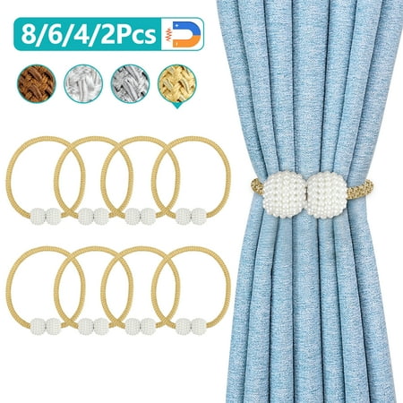 Tie Backs Drapery 8/6/4/2Pcs Magnetic Curtain Tiebacks, TSV Modern Pearl Magnetic Tie Backs Woven Texture Rope Holdbacks Holder, 18.5 inch Decorative Magnet Window Hold Curtains Drape Buckles for Living Room, Bedroom ()