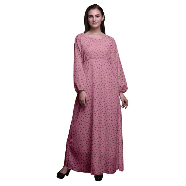 Bimba Robe Maxi à Manches Longues pour Femmes en Georgette Mousse Imprimée de Plumes d'Aigle, Taille Élastique - Petit
