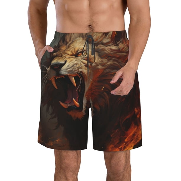 Balery Cool Flame Lion A Traje de Baño Estilo Hawaiano para Hombre, Shorts de Secado Rápido con Bolsillos-X-Large