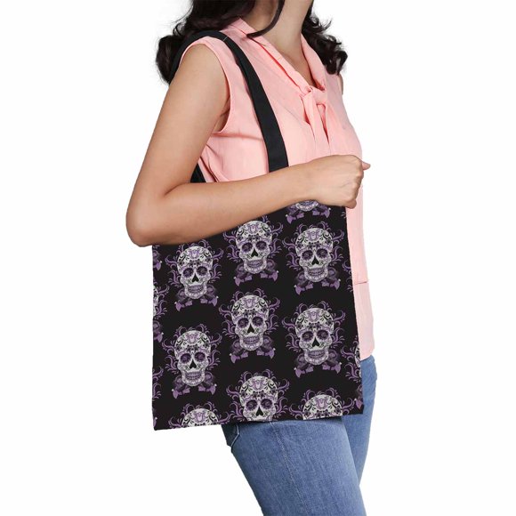 YUSDECOR Celebration Festival Mexico Sugar Skull Skeleton Canvas Shoulder Bags Handbags Tote Bags Shopping Bag