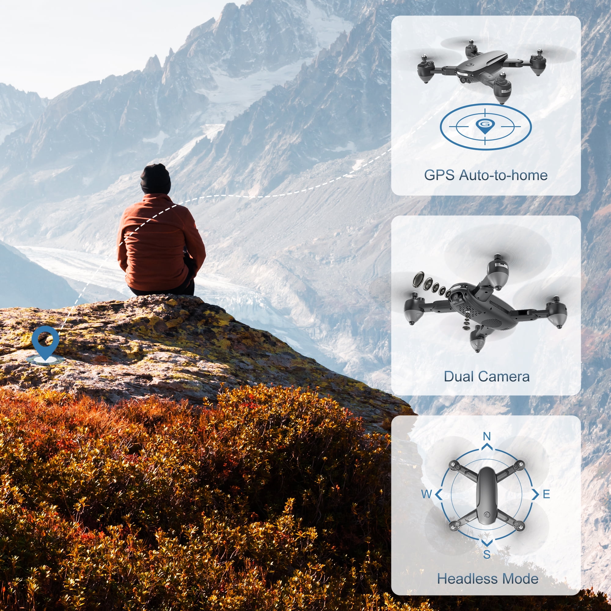 Wefone JY01 GPS Foldable Drone with 4K Camera for Adults, Optical Flow Sensor, 2 Batteries, Black