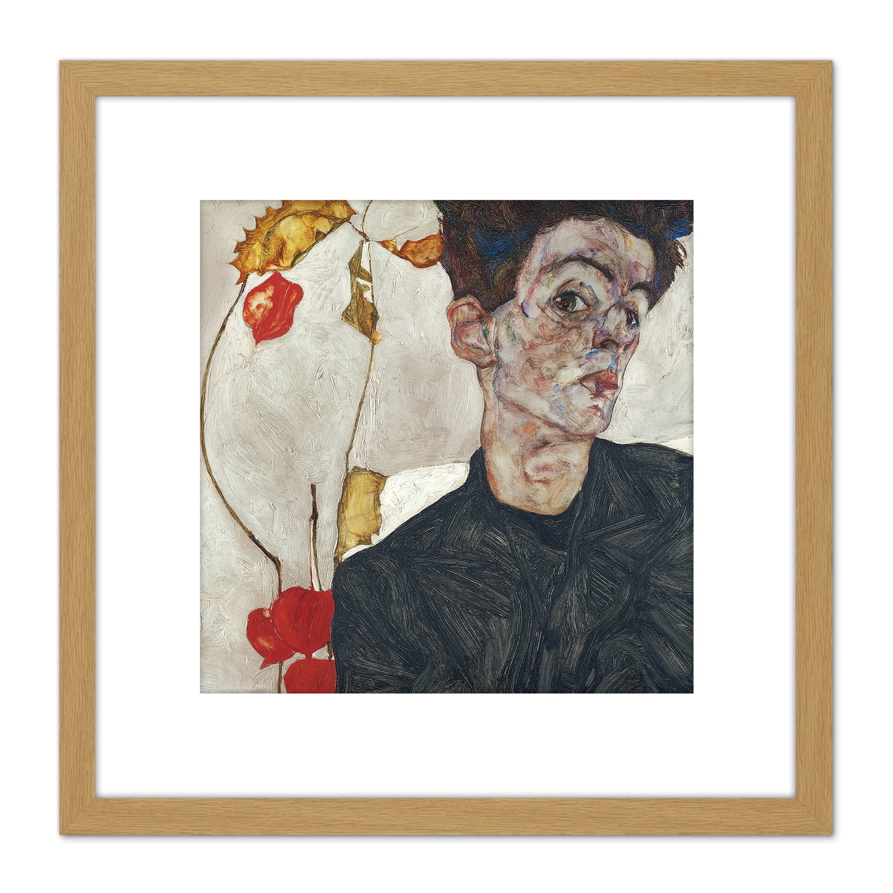 Egon Schiele Self Portrait With Physalis 8X8 Inch Square Wooden Framed egon-schiele-self-portrait-with-physalis-8x8-inch-square-wooden-framed