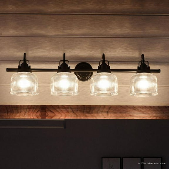 Urban Ambiance Luxury Farmhouse Bath Fixture, Size: 8-3/4"H x 35-1/2"W, with Vintage Electric Style Elements, Fashion Bronze Finish and Clear Double Prismatic Shade, UHP2047