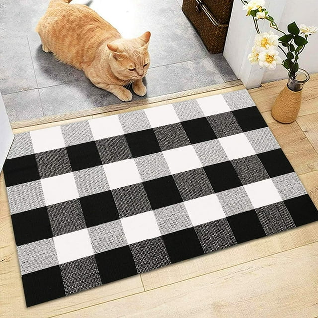 Buffalo Plaid Rug Black and White Cotton Hand-Made Checkered Door Mat, Washable Carpet Buffalo Check Rug 24 x 36 Inches for Outdoor/Indoor/Entry Way/Kitchen/Farmhouse