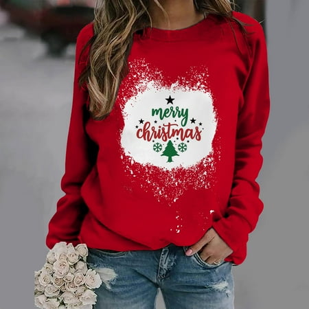 

jsaierl Womens Oversized Sweatshirts Cartoon Printed Christmas Sweatshirt Round Neck Long Sleeve Going Out Tops for Women Comfy Sweatshirts for Holiday