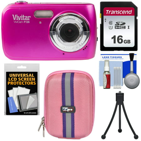Vivitar ViviCam F126 Digital Camera (Pink) with 16GB Card + Case + Mini Tripod +