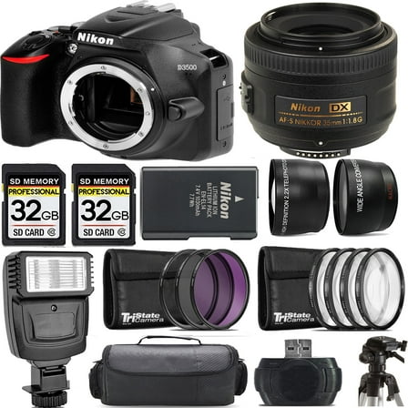 Nikon D3500 DSLR Camera (Body Only)  35mm f/1.8 G Lens  Flash- Kit (International Version)